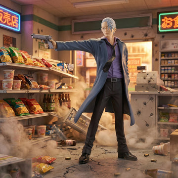 Action figure in a dramatic pose in a store with smoke and debris