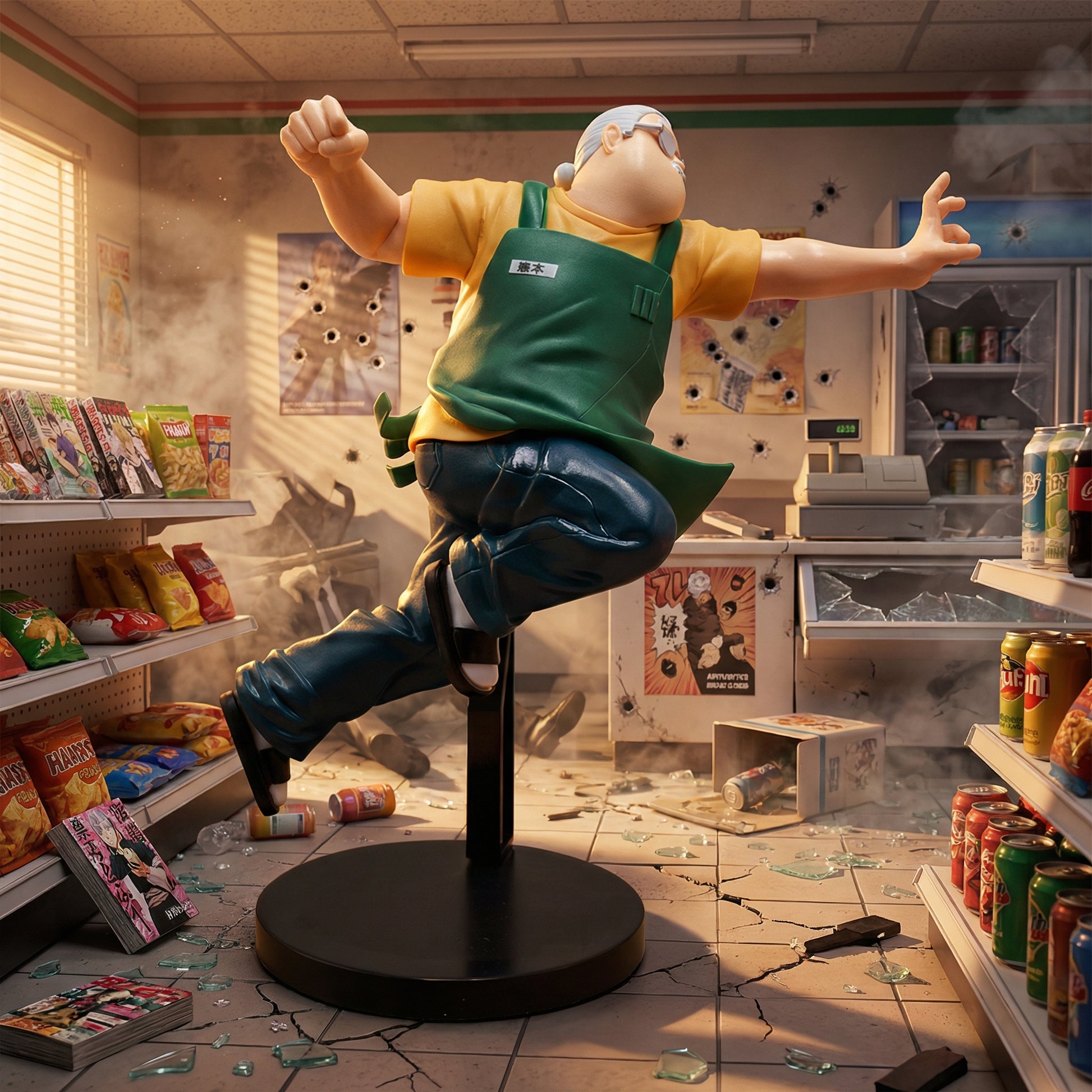 Animated character in a green apron and yellow shirt standing on a stand in a chaotic room with shelves and debris.