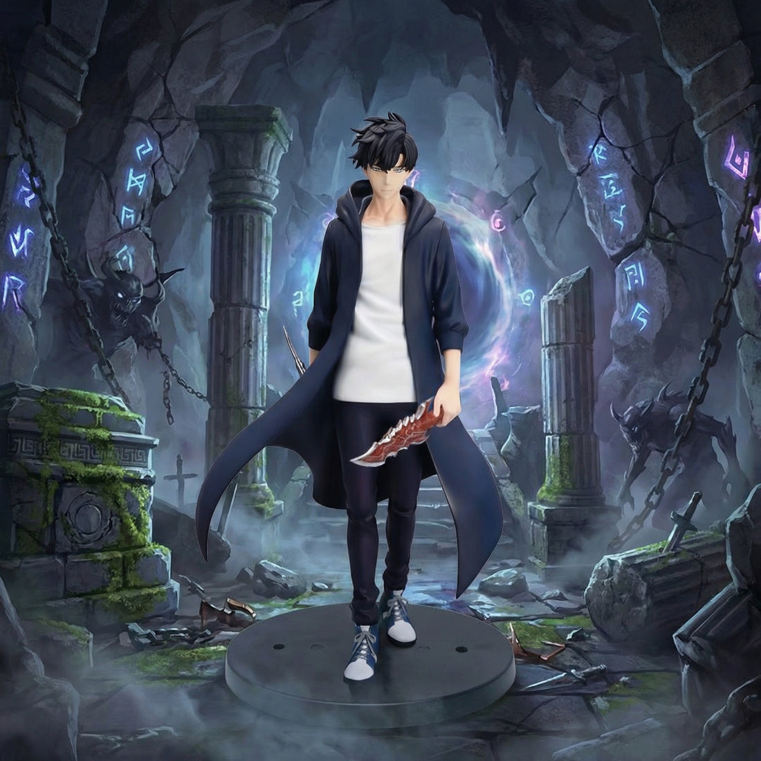 Character in a dark outfit holding a weapon in a mystical, ruin-like setting with glowing runes.