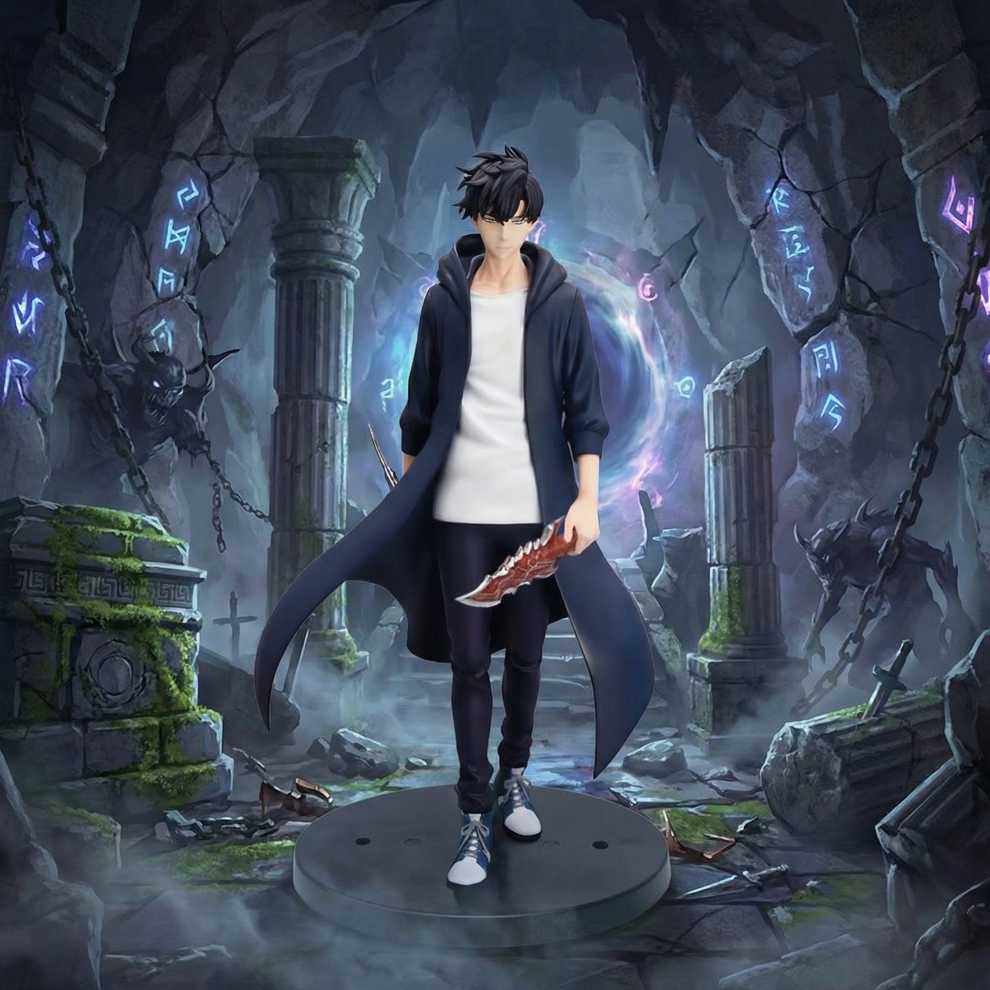 Character in a dark outfit holding a weapon in a mystical, ruin-like setting with glowing runes.