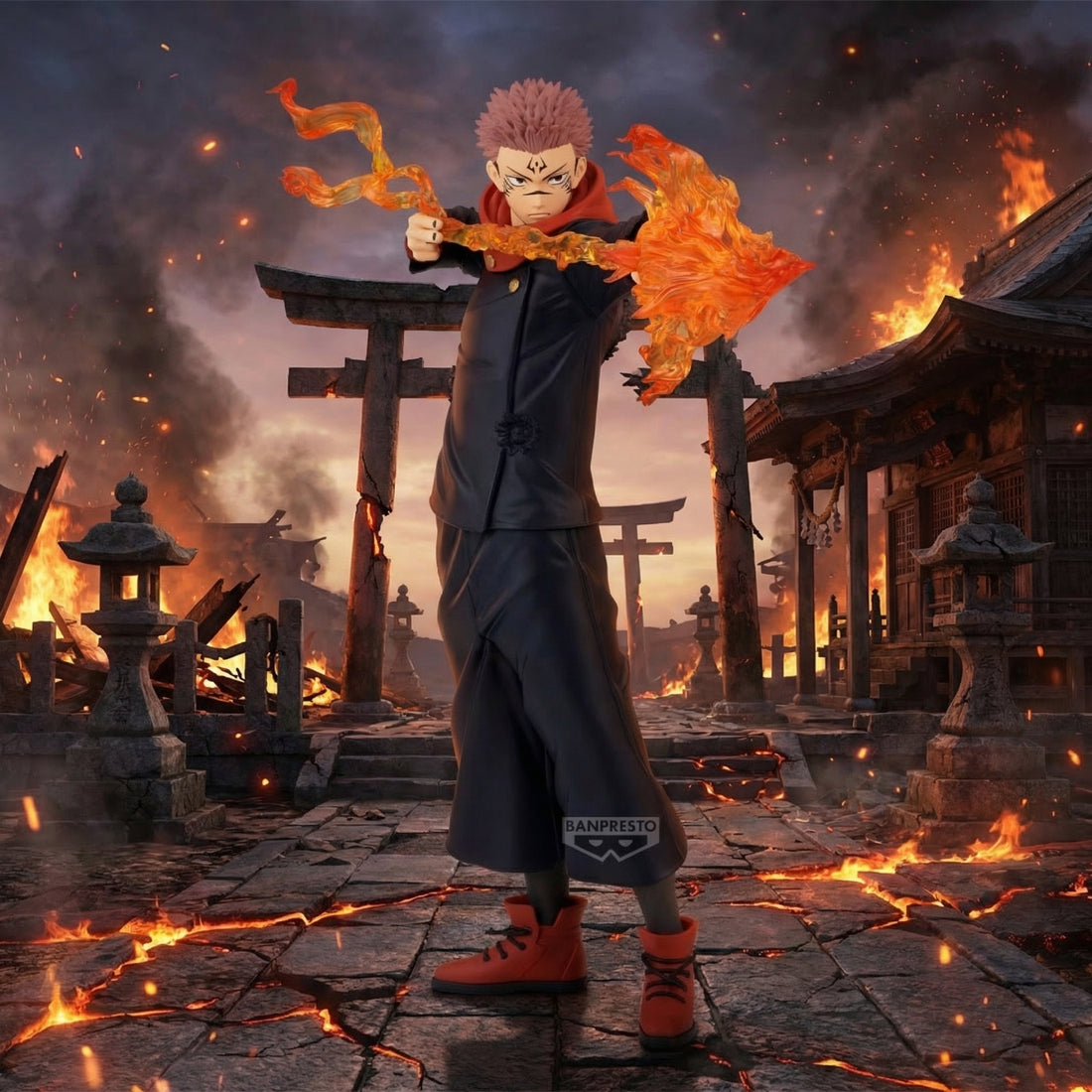 Character with flames in a destroyed temple setting