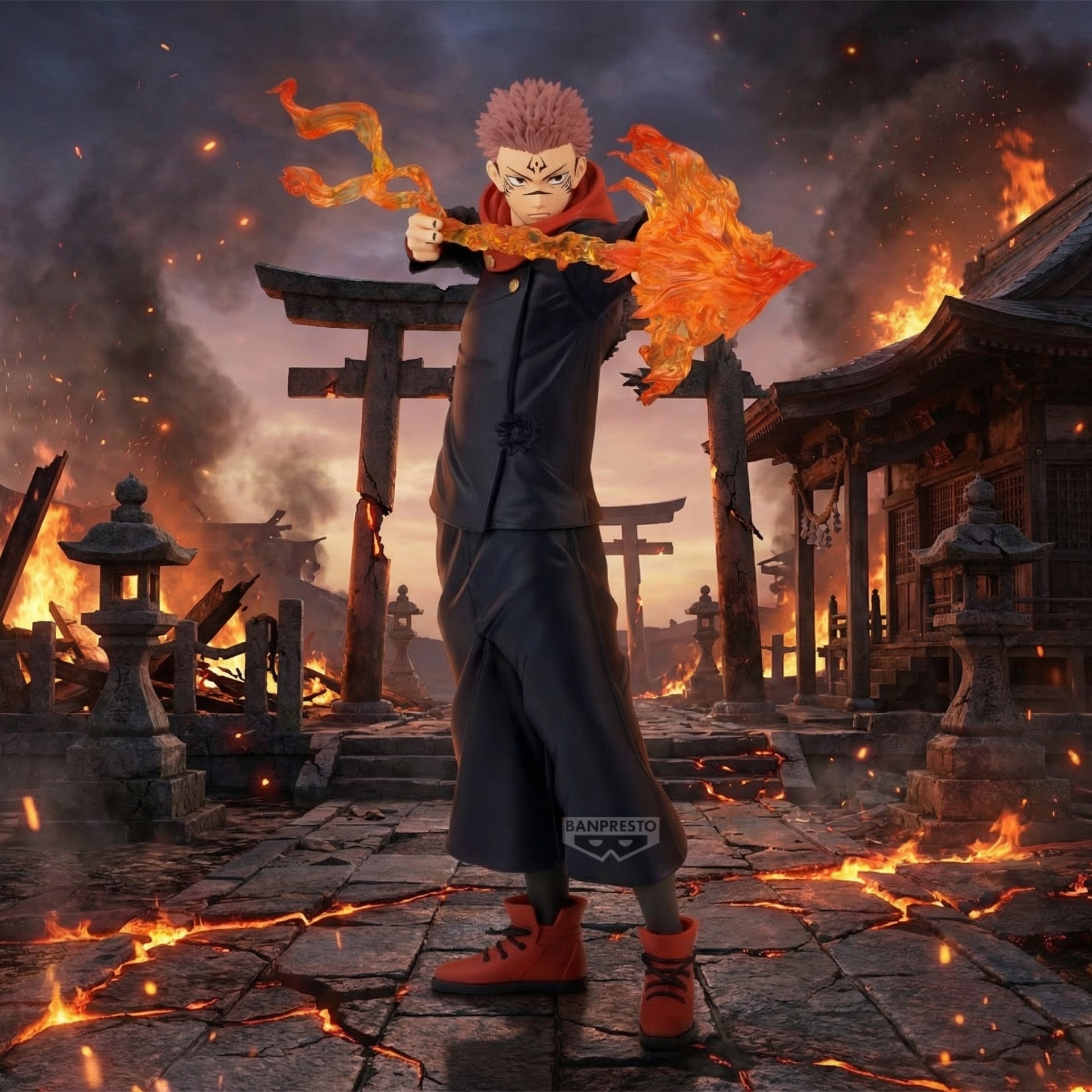 Character with flames in a destroyed temple setting