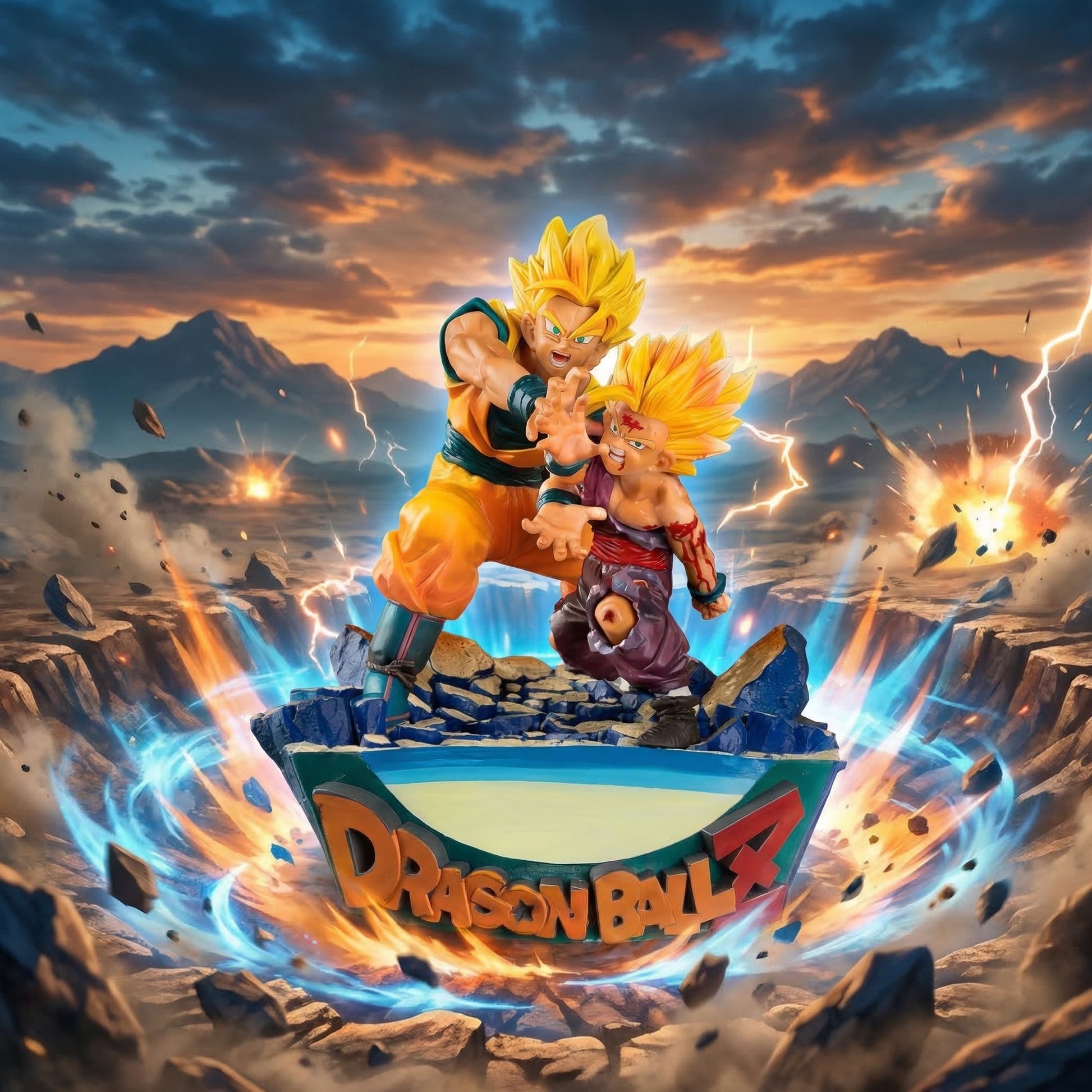 Two animated characters in a dynamic pose with a 'Dragon Ball' logo and fiery background.