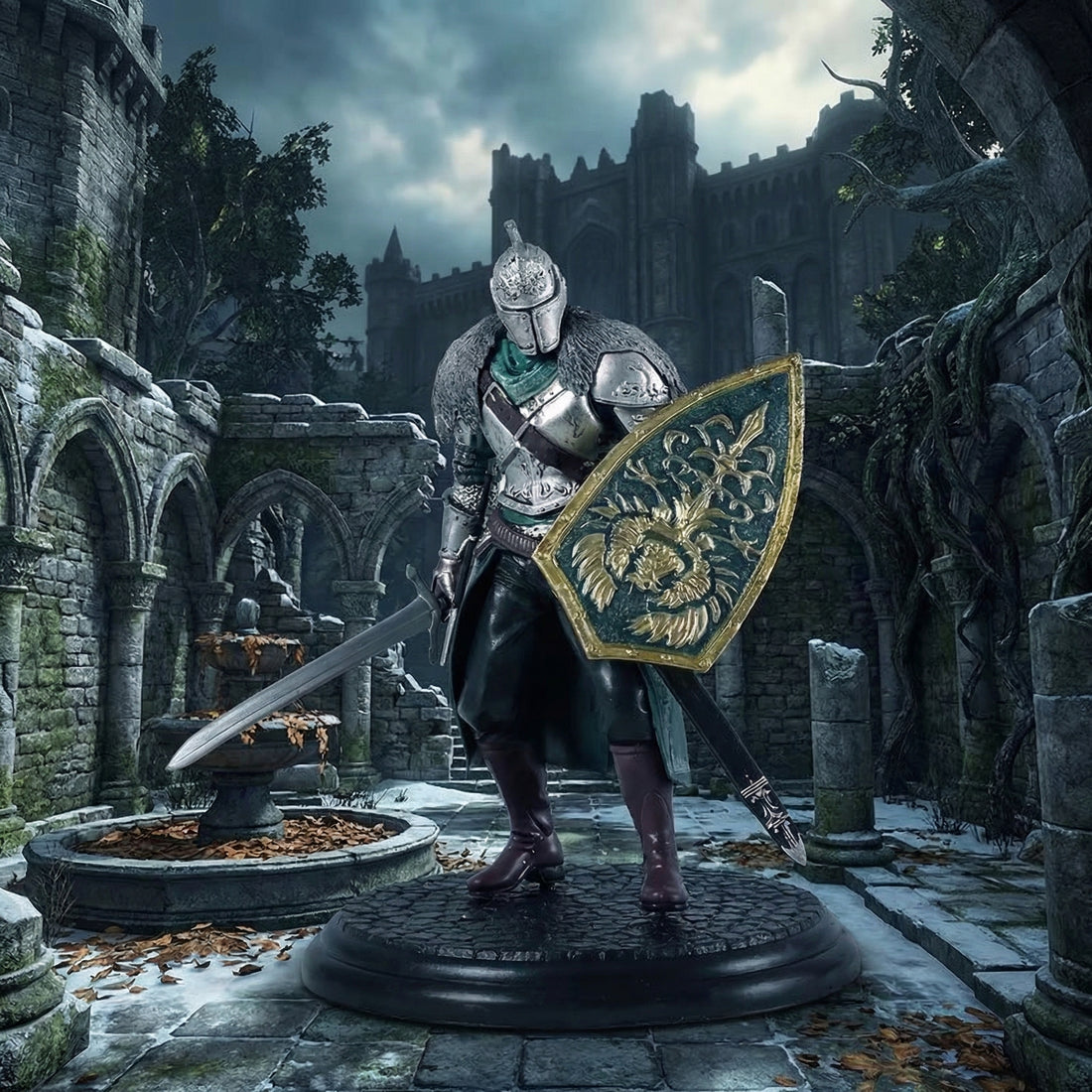 Medieval knight with shield and sword in a dark, gothic setting