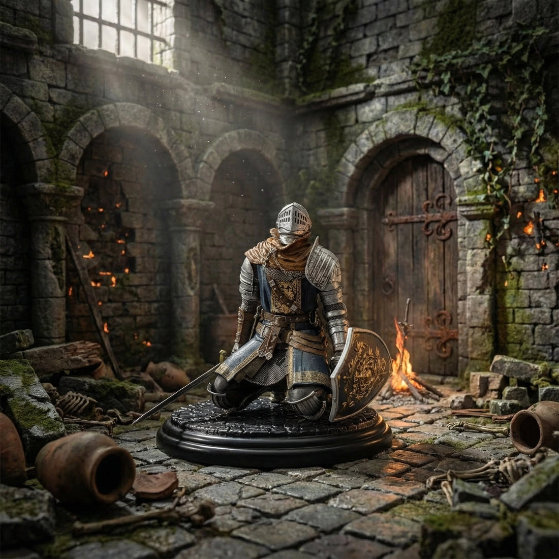 Medieval knight figurine in a stone room with torches and a door.
