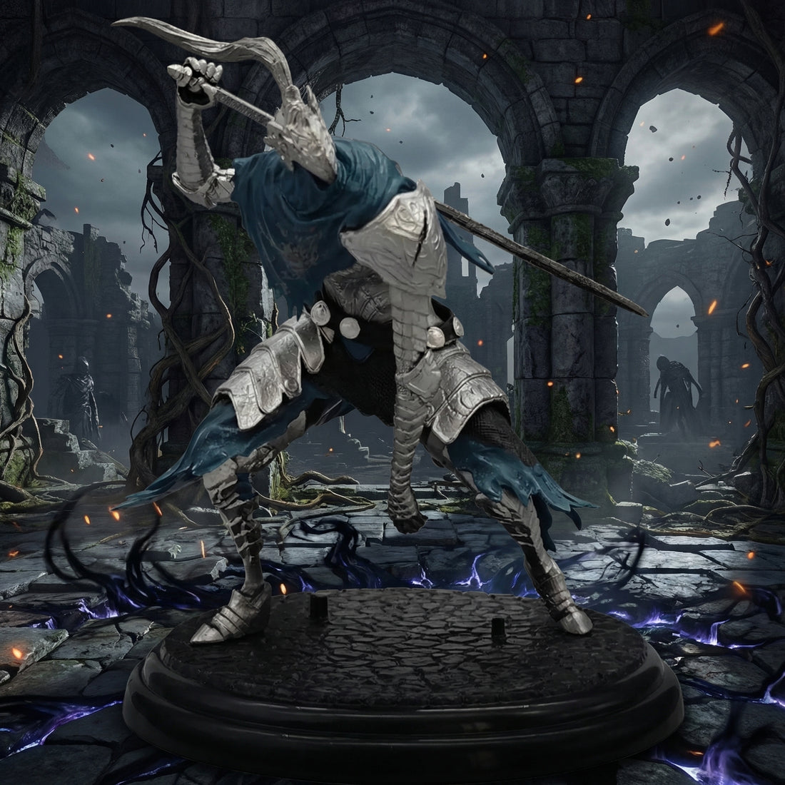 Skeletal warrior in armor with a bow in a dark, gothic setting
