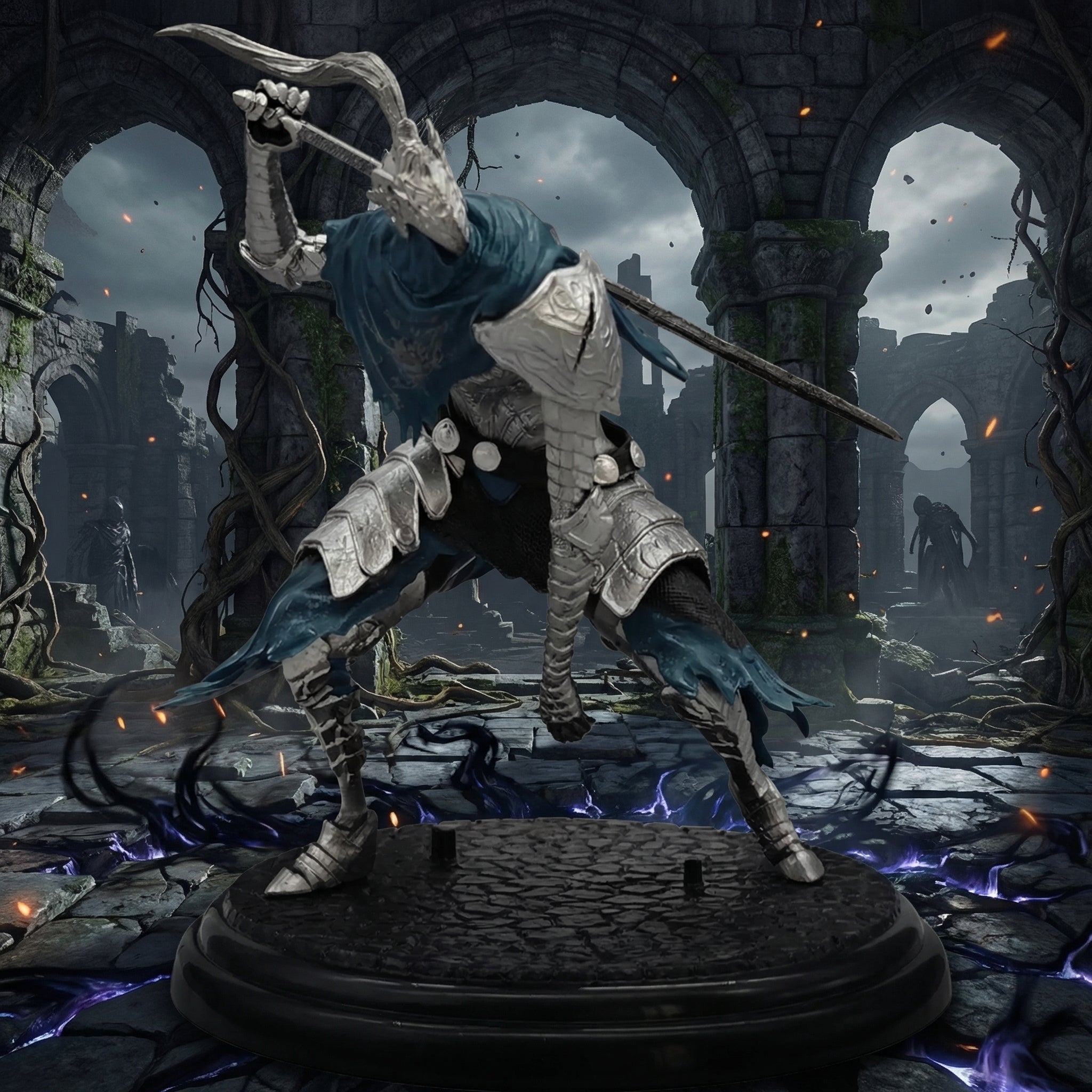 Skeletal warrior in armor with a bow in a dark, gothic setting