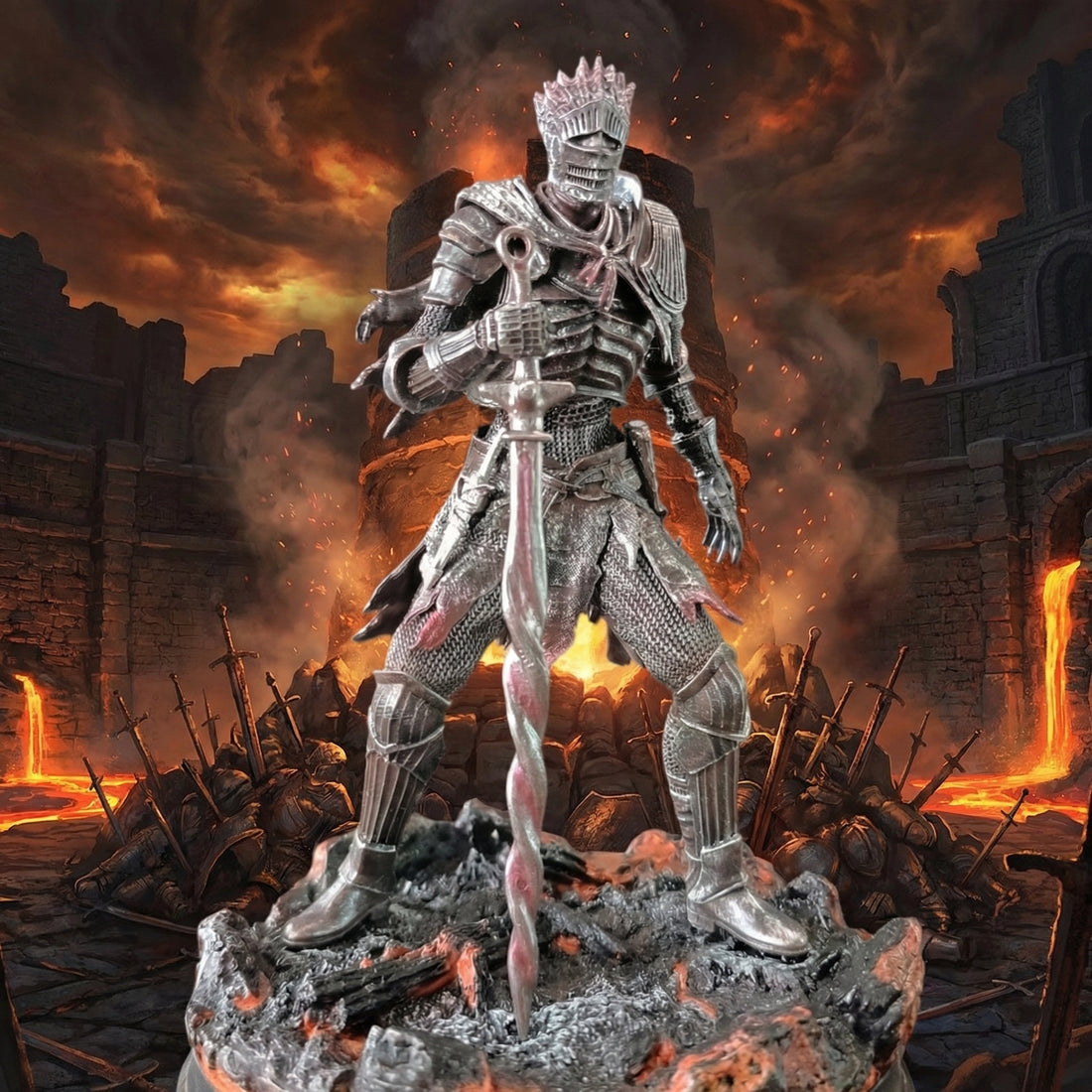 Metallic warrior figurine in a dramatic, fiery setting