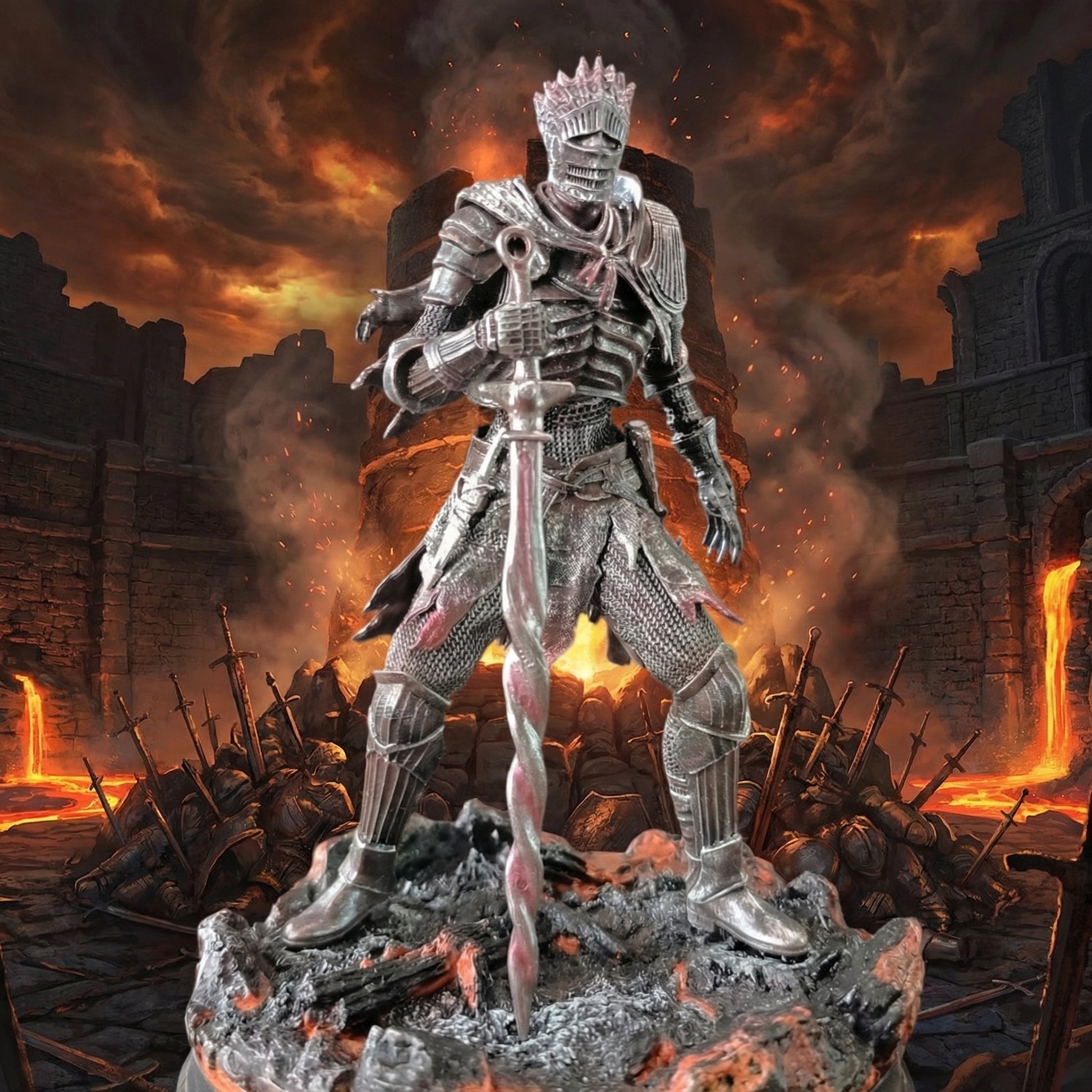 Metallic warrior figurine in a dramatic, fiery setting