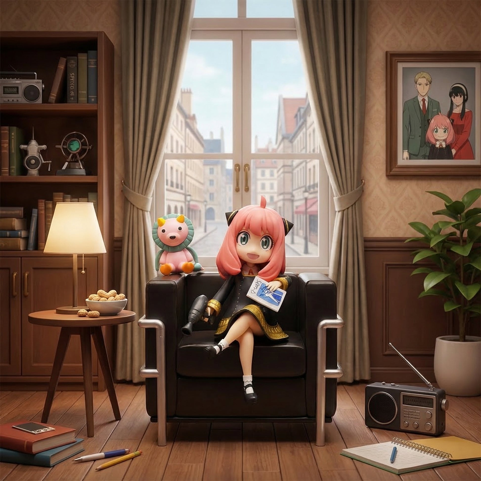 Anime character sitting on a couch in a cozy living room with a cityscape view.