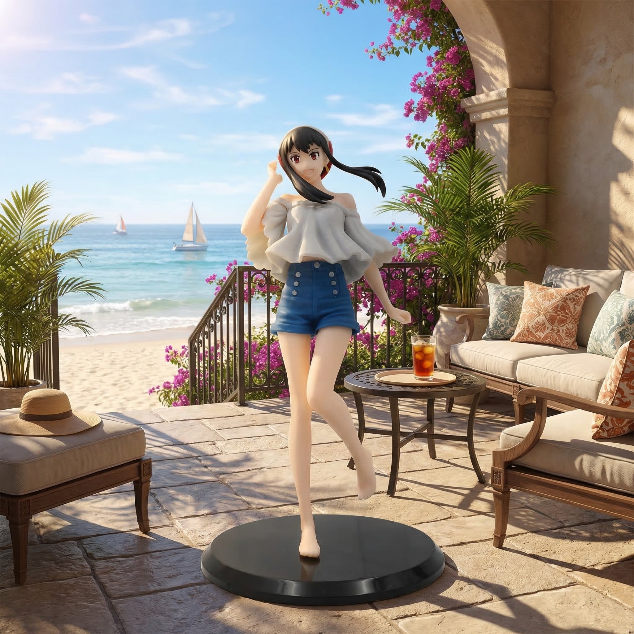 Statue of a woman in a beach setting with ocean view