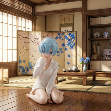 Anime character with blue hair sitting on the floor in a traditional Japanese room.