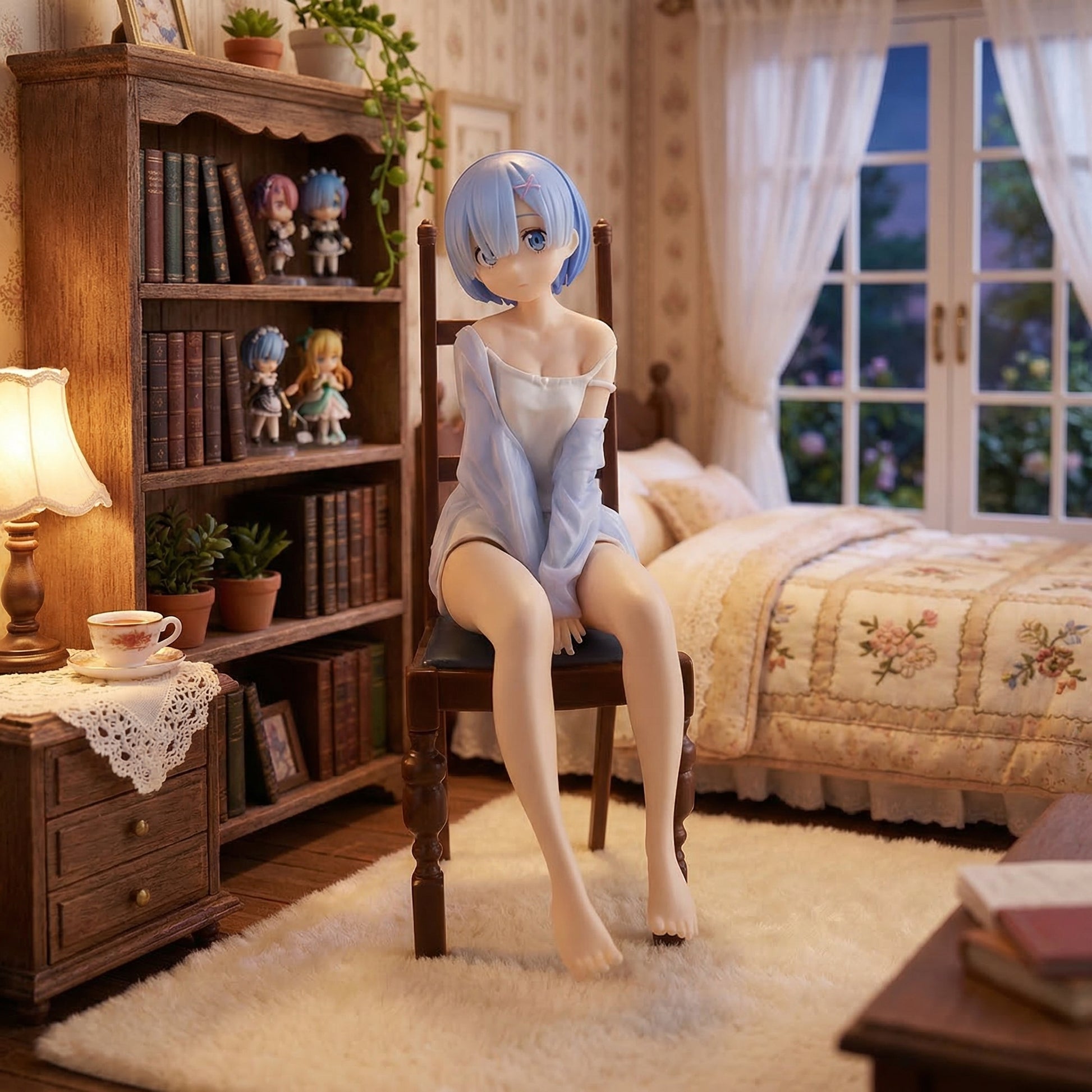 Anime character figurine sitting on a chair in a cozy room with a bookshelf and bed.