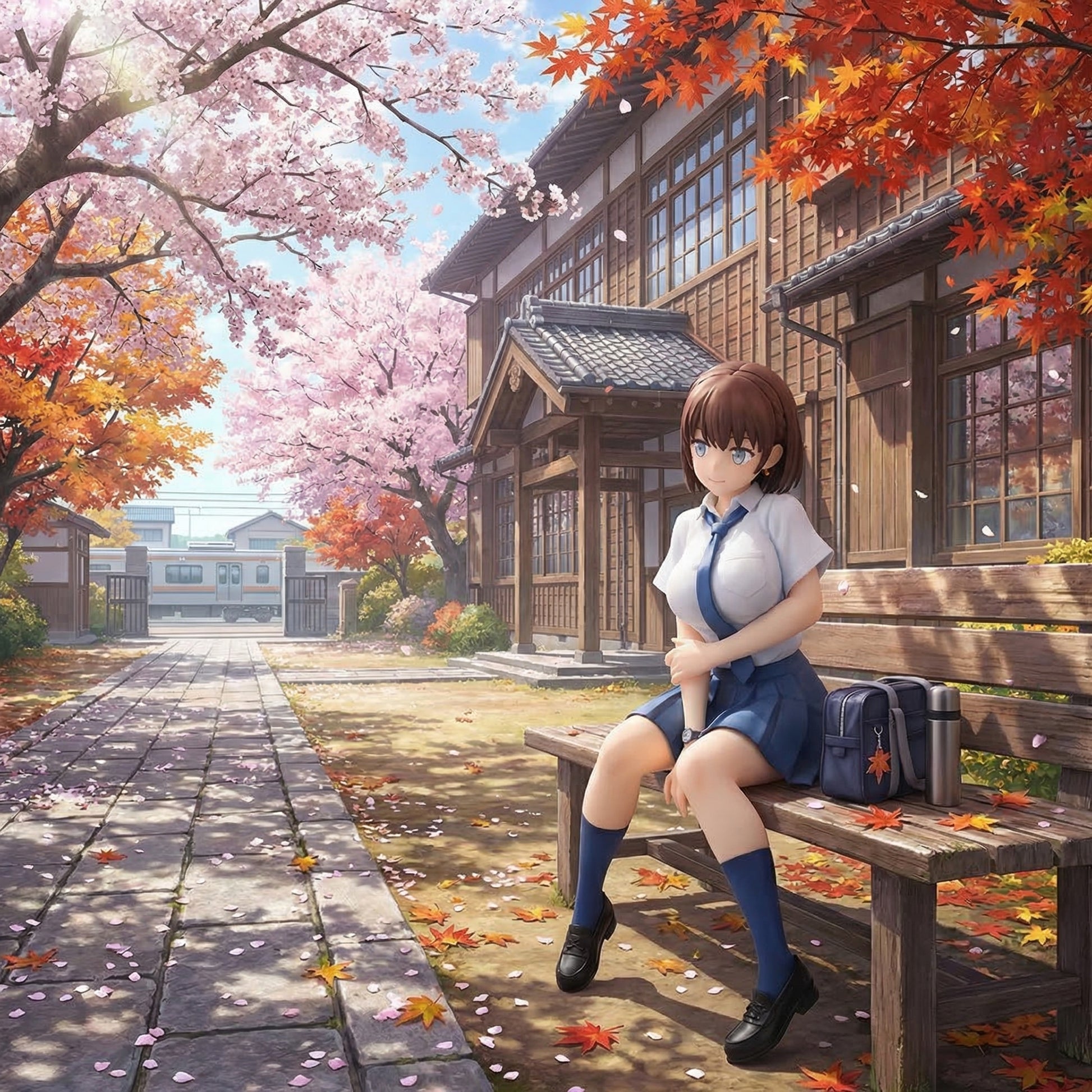 Anime-style girl sitting on a bench under cherry blossoms and autumn leaves with a traditional building in the background.