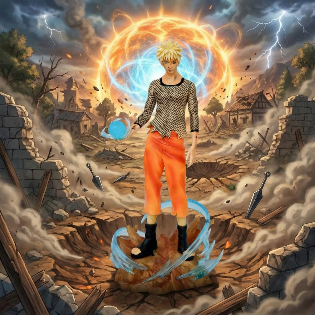 Character in a dramatic scene with energy effects and a destroyed village in the background