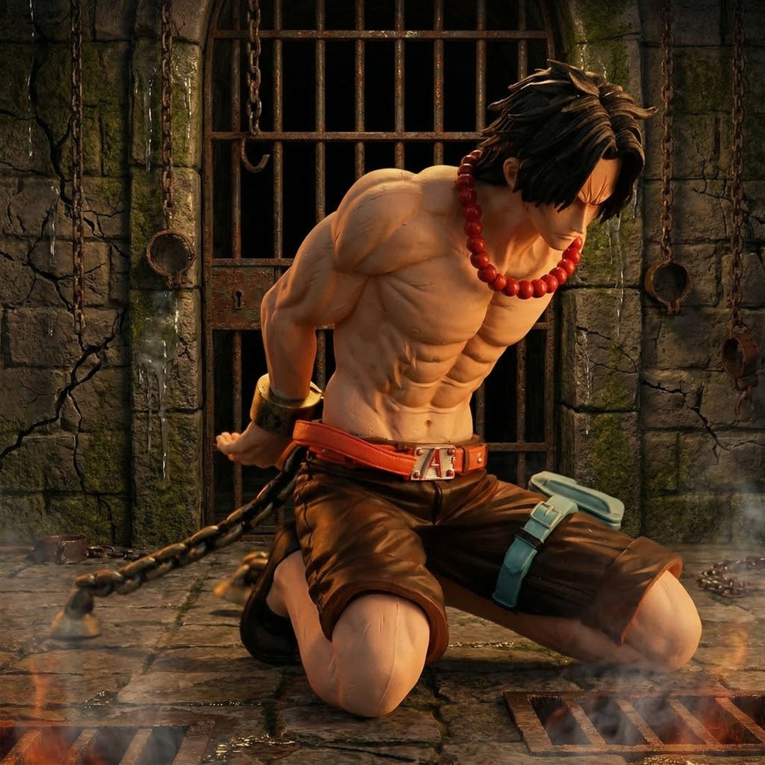 Animated character in a prisoner pose with chains and a barred door in the background