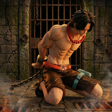 Animated character in a prisoner pose with chains and a barred door in the background