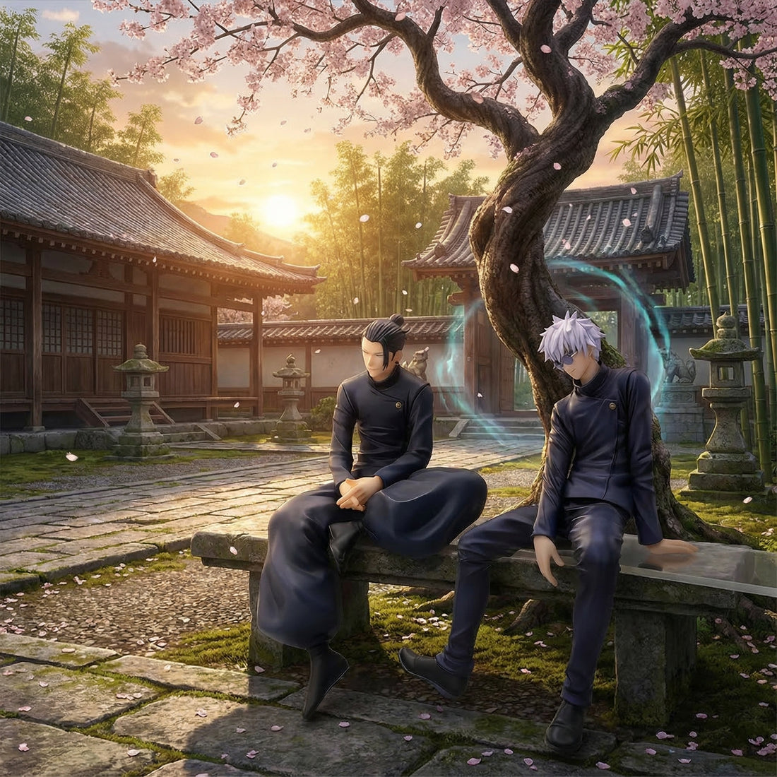 Two animated characters sitting under a cherry blossom tree in a traditional Japanese setting.