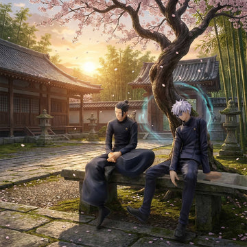Two animated characters sitting under a cherry blossom tree in a traditional Japanese setting.