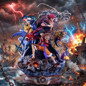 Colorful figurine of animated characters with a dramatic background