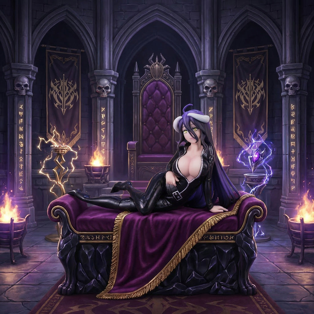 Woman in black outfit sitting on a purple throne in a dark, gothic room with flames and banners.