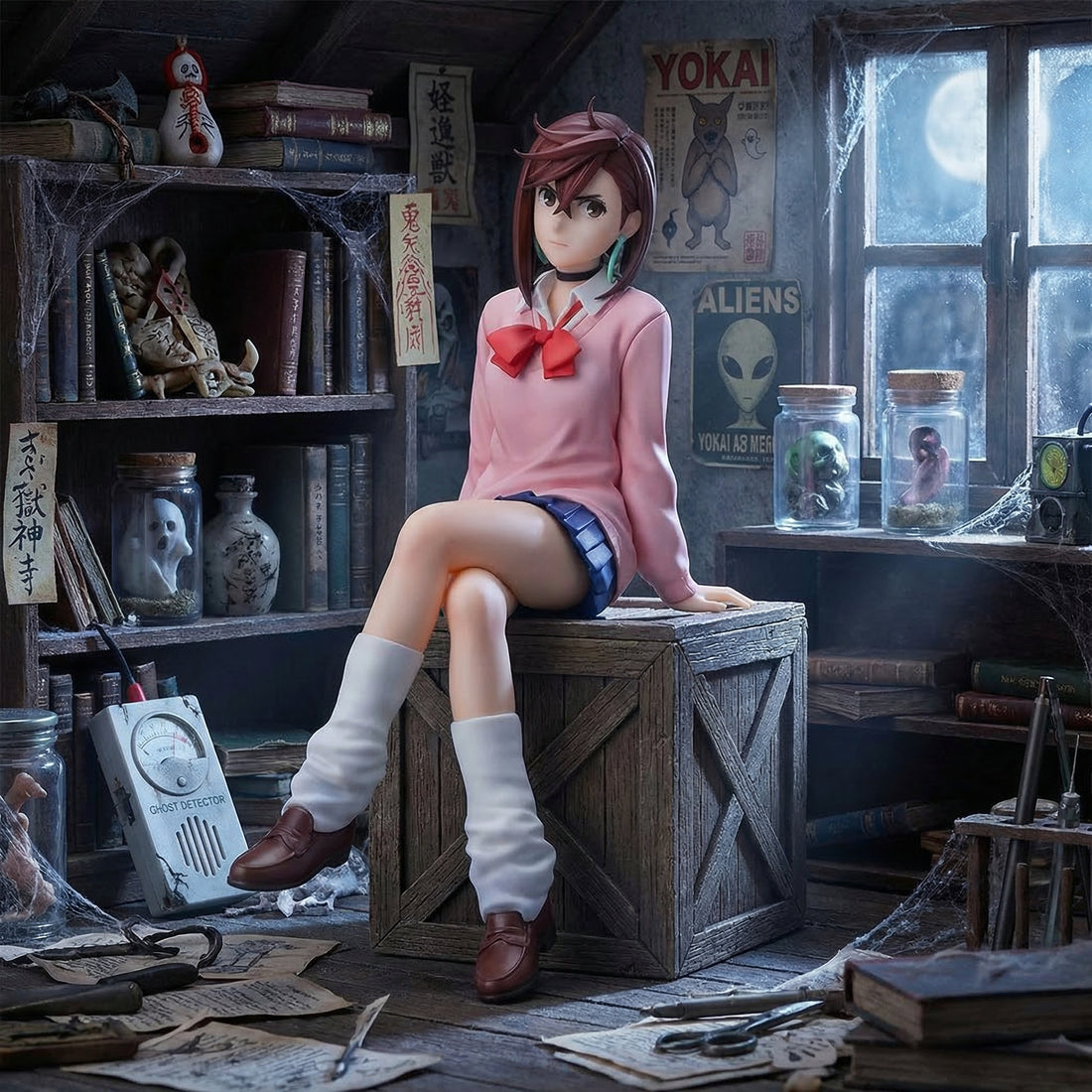 Anime-style character in a room with books, jars, and posters