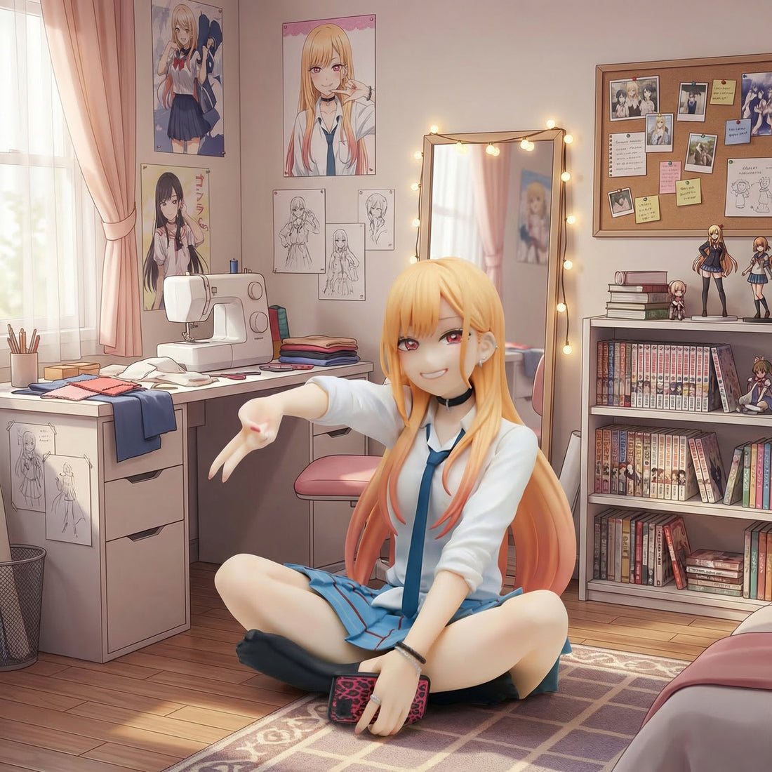 Anime character sitting in a room with books and a sewing machine