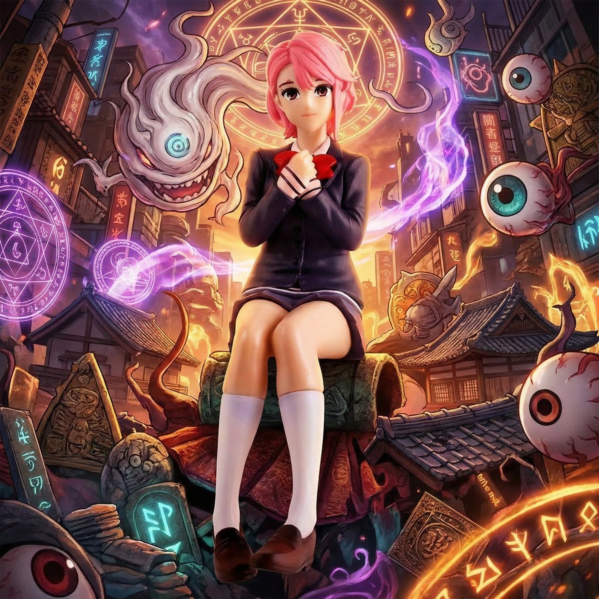 Animated character with pink hair sitting on a roof amidst mystical elements and cityscape.