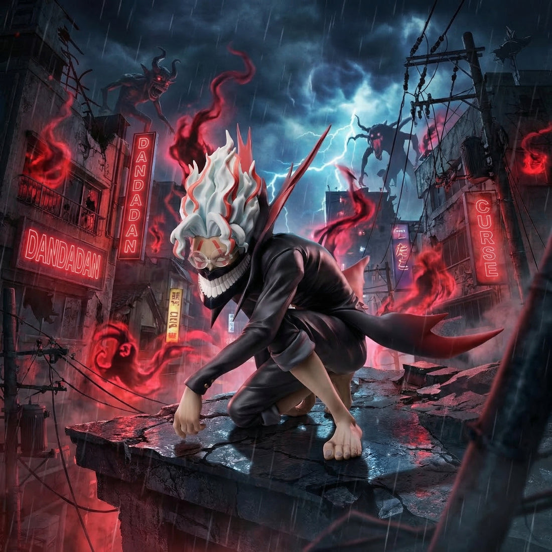 Animated character with a fiery hairstyle in a dark, neon-lit cityscape