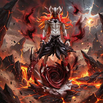 Stylized character with red hair and a swirling design in a fiery, rocky landscape