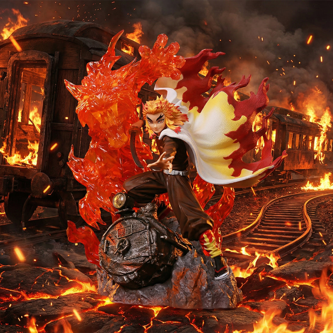 Statue of a character with fiery aura and dragon-like figure amidst a fiery background