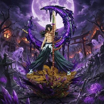 Stylized illustration of a character with a large weapon in a dark, fantasy setting with a full moon.