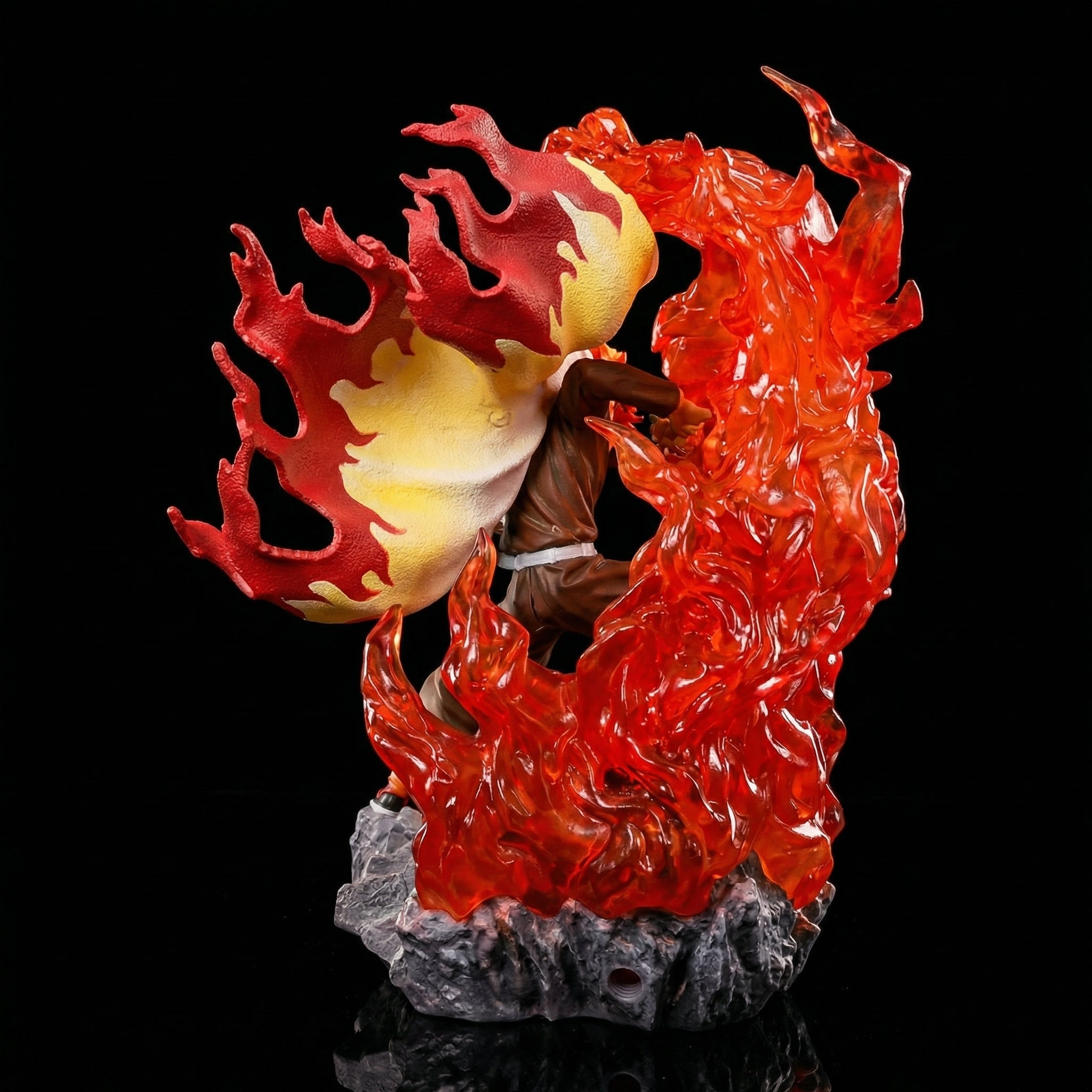 Statue of a character surrounded by flames on a black background