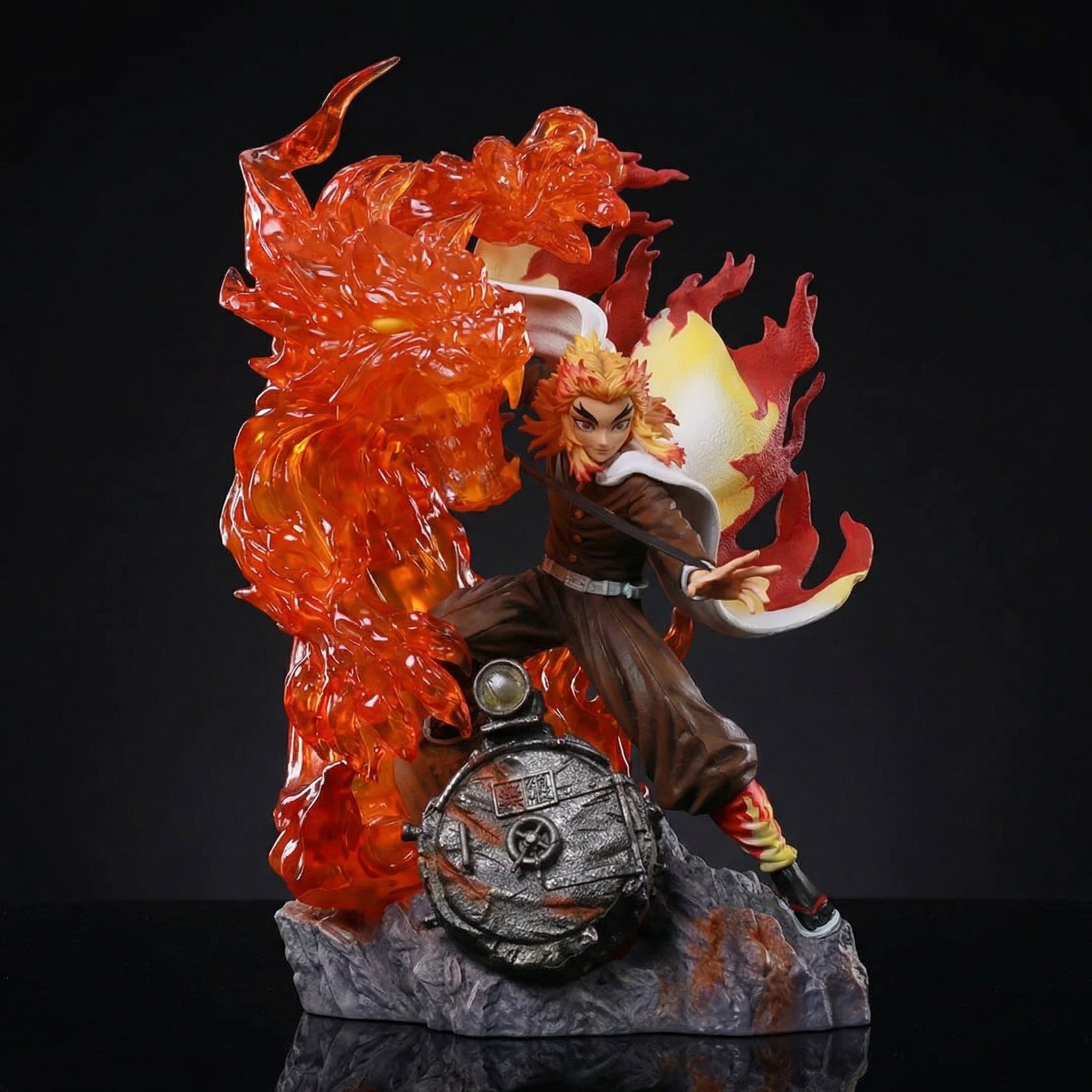 Figurine with fiery design on a dark background
