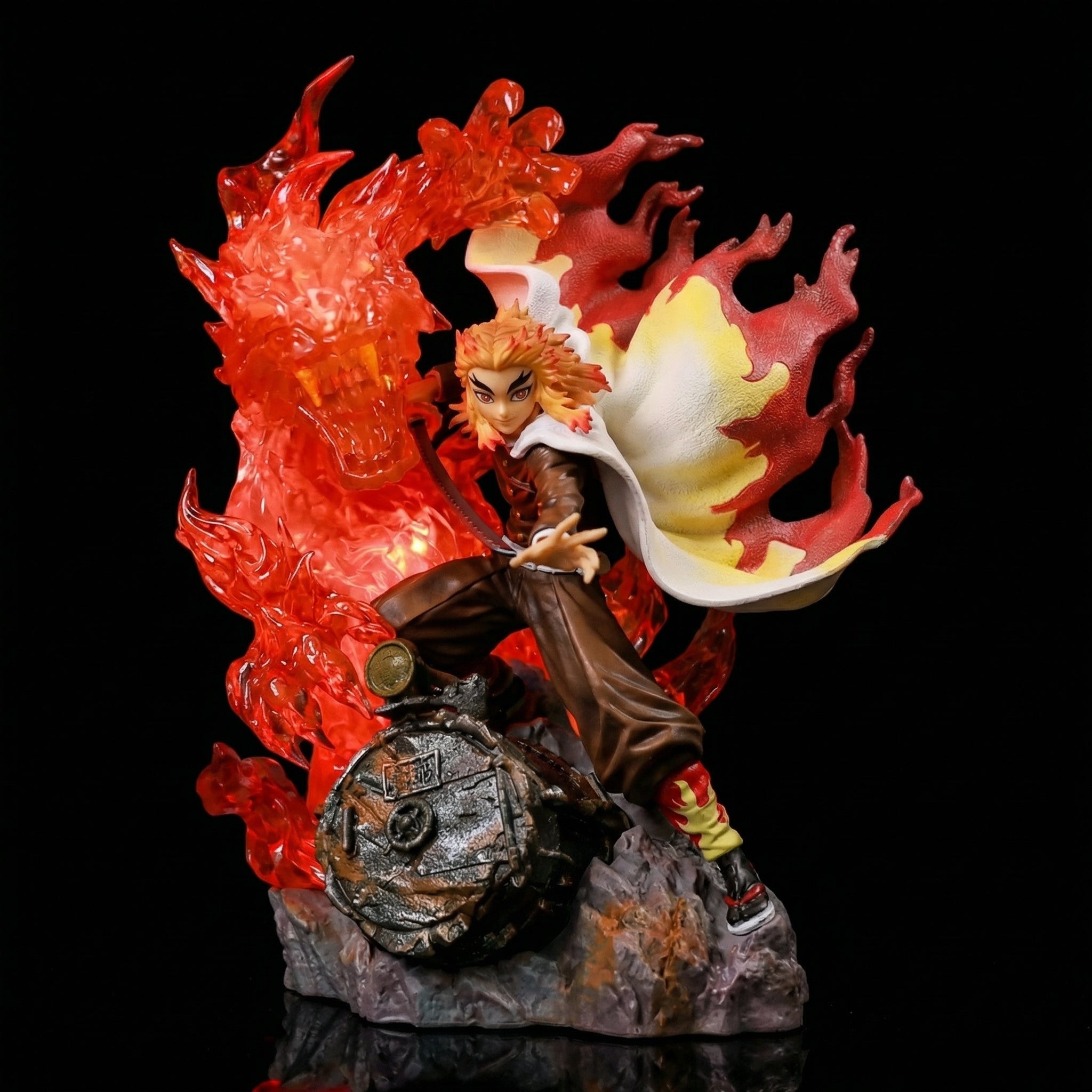 Statue of a character with fiery effects on a dark background