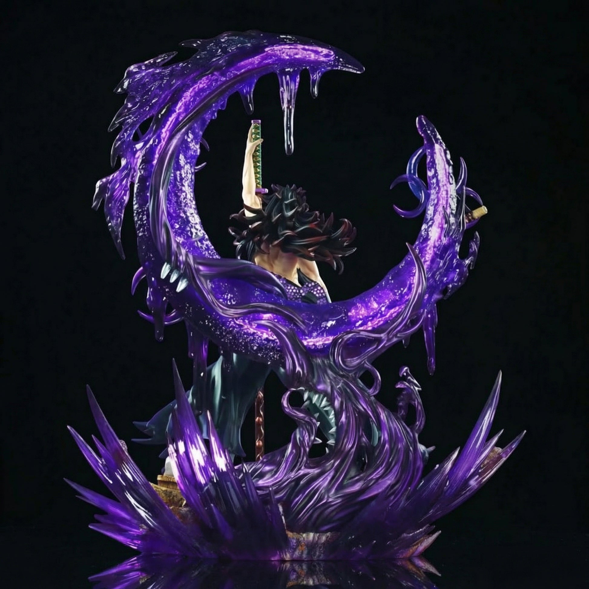 Vibrant purple and black fantasy sculpture with a character on a crescent moon against a dark background