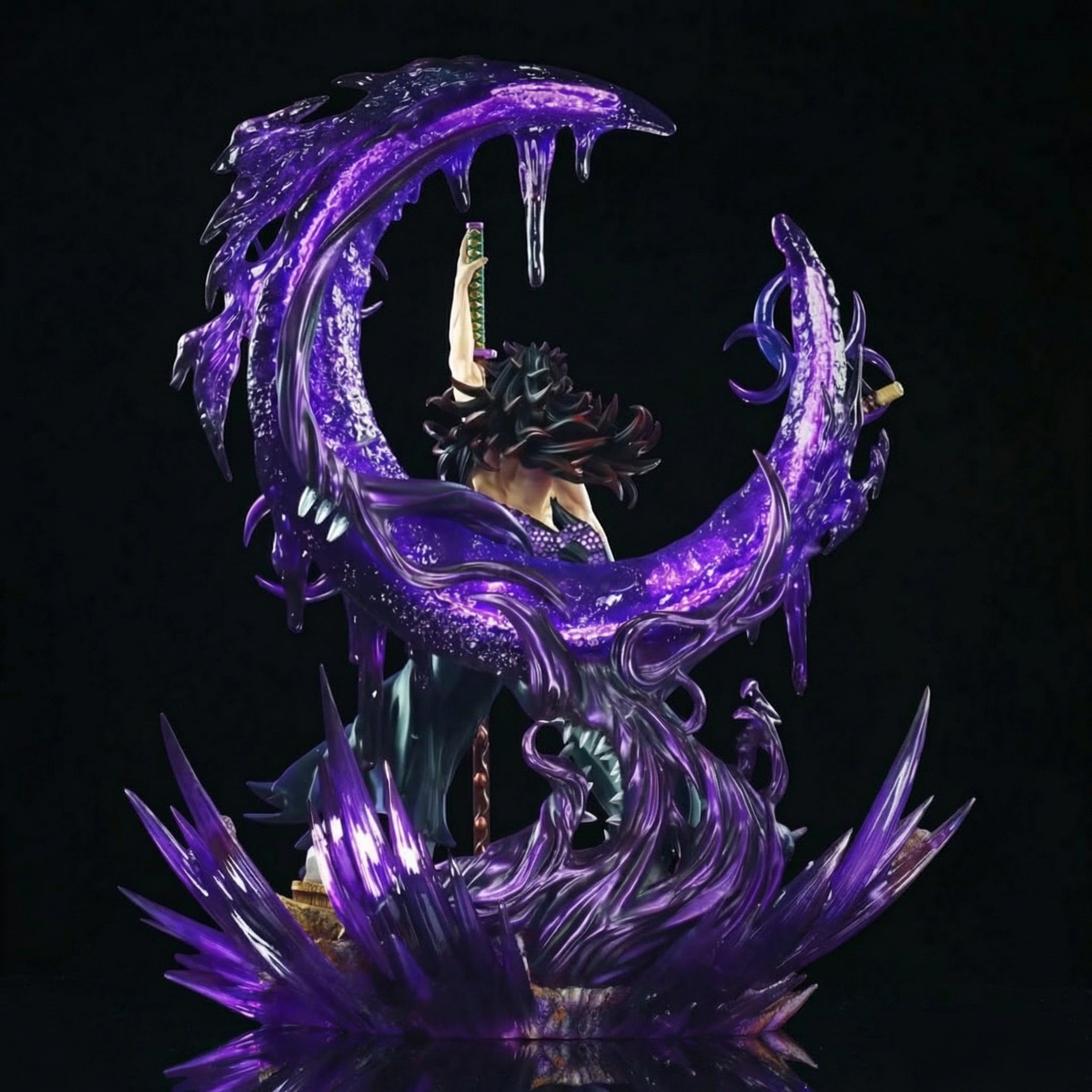 Vibrant purple and black fantasy sculpture with a character on a crescent moon against a dark background
