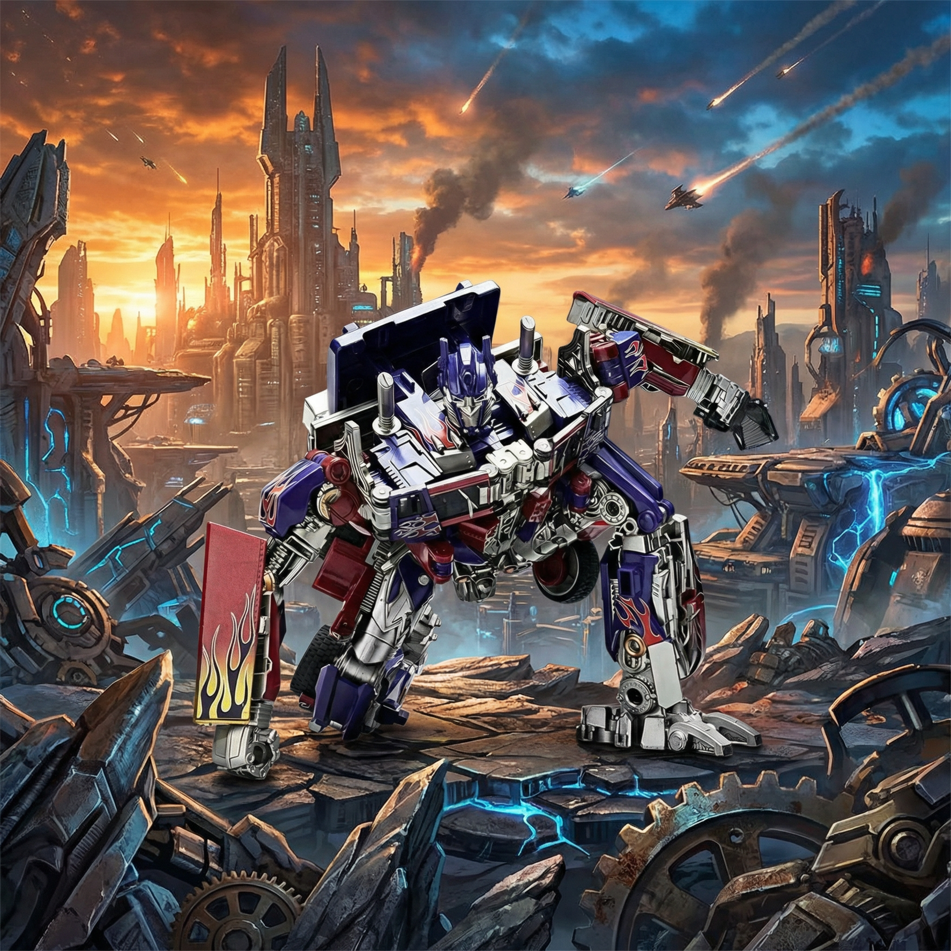Transformers robot in a dystopian cityscape with a fiery sky