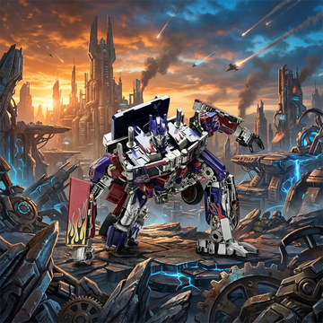 Transformers robot in a dystopian cityscape with a fiery sky