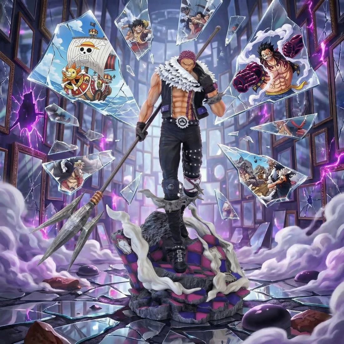 Animated character with a spear in a fantasy setting with shattered glass and cloud-like elements.