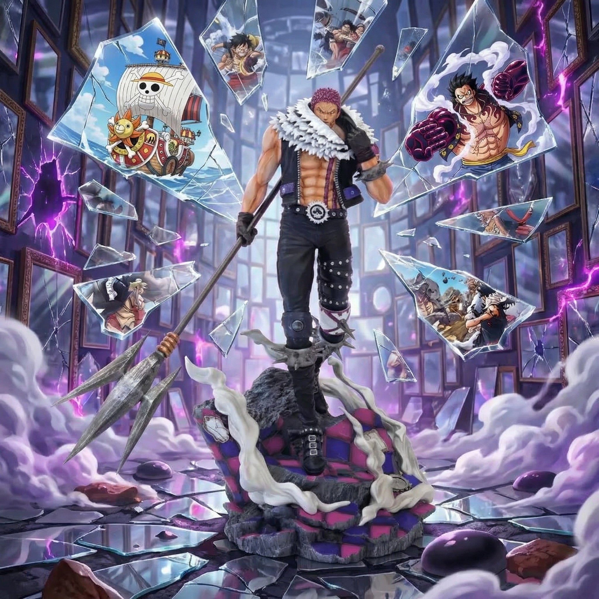 Animated character with a spear in a fantasy setting with shattered glass and cloud-like elements.