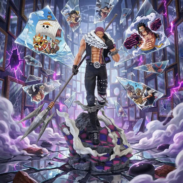 Animated character with a spear in a fantasy setting with shattered glass and cloud-like elements.