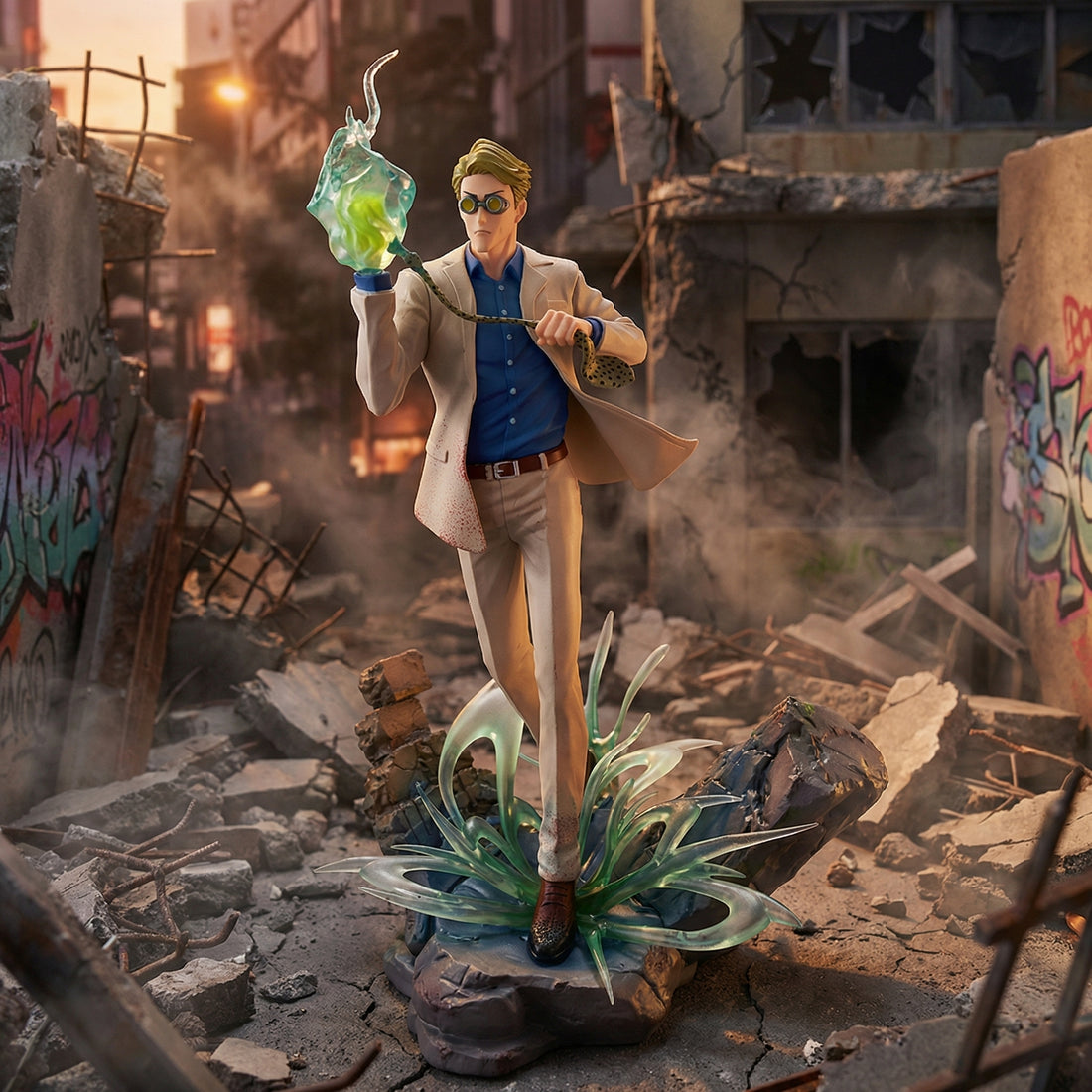 Action figure in a post-apocalyptic setting with debris and graffiti.