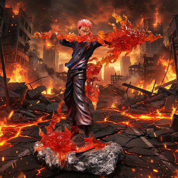 Character with fiery aura standing amidst a destroyed cityscape with flames and smoke.