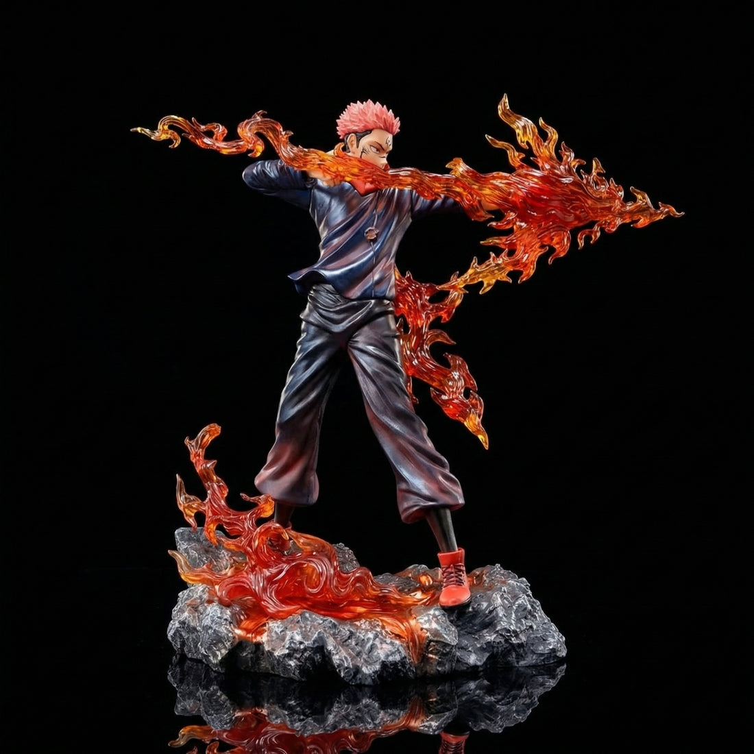 Character with fiery aura standing amidst a destroyed cityscape with flames and smoke.