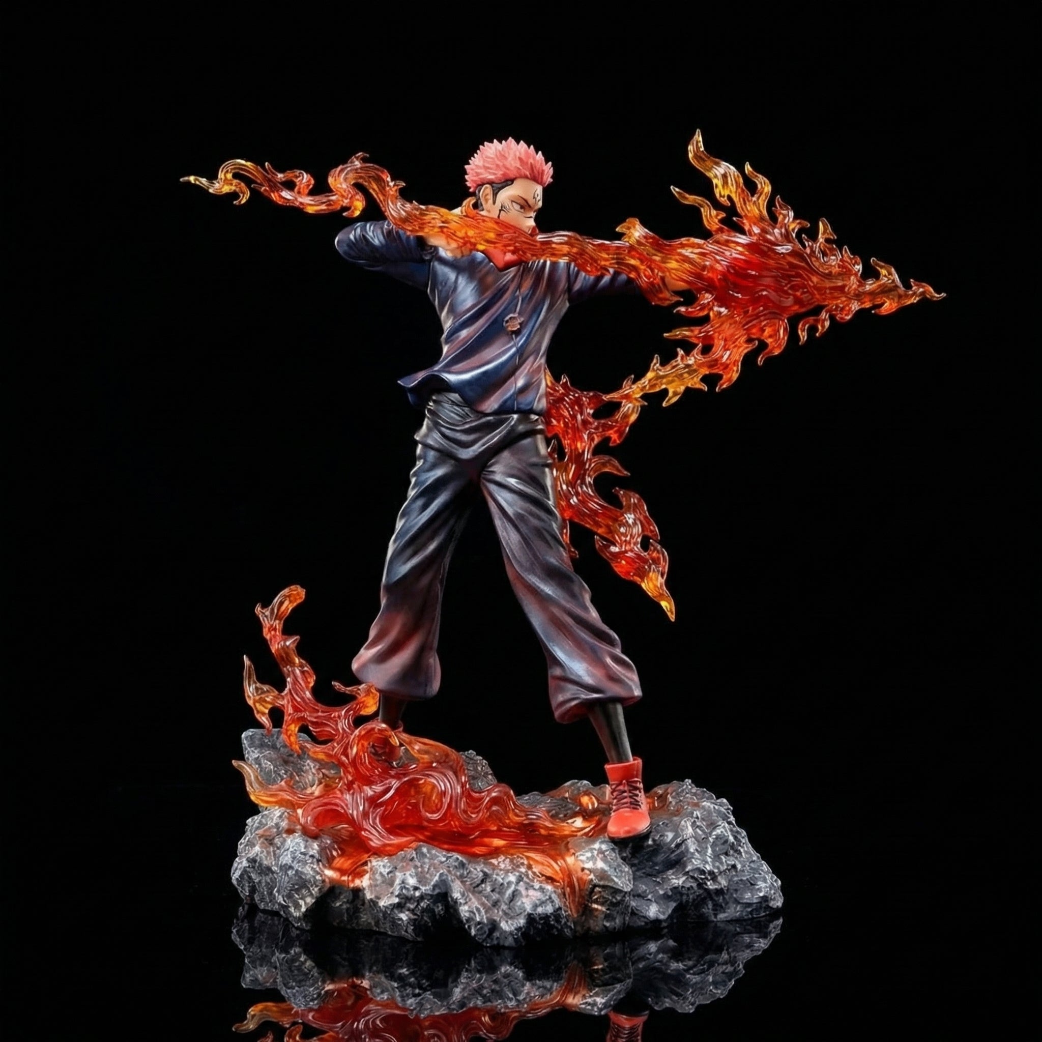 Statue of a character with flames in a dynamic pose on a black background
