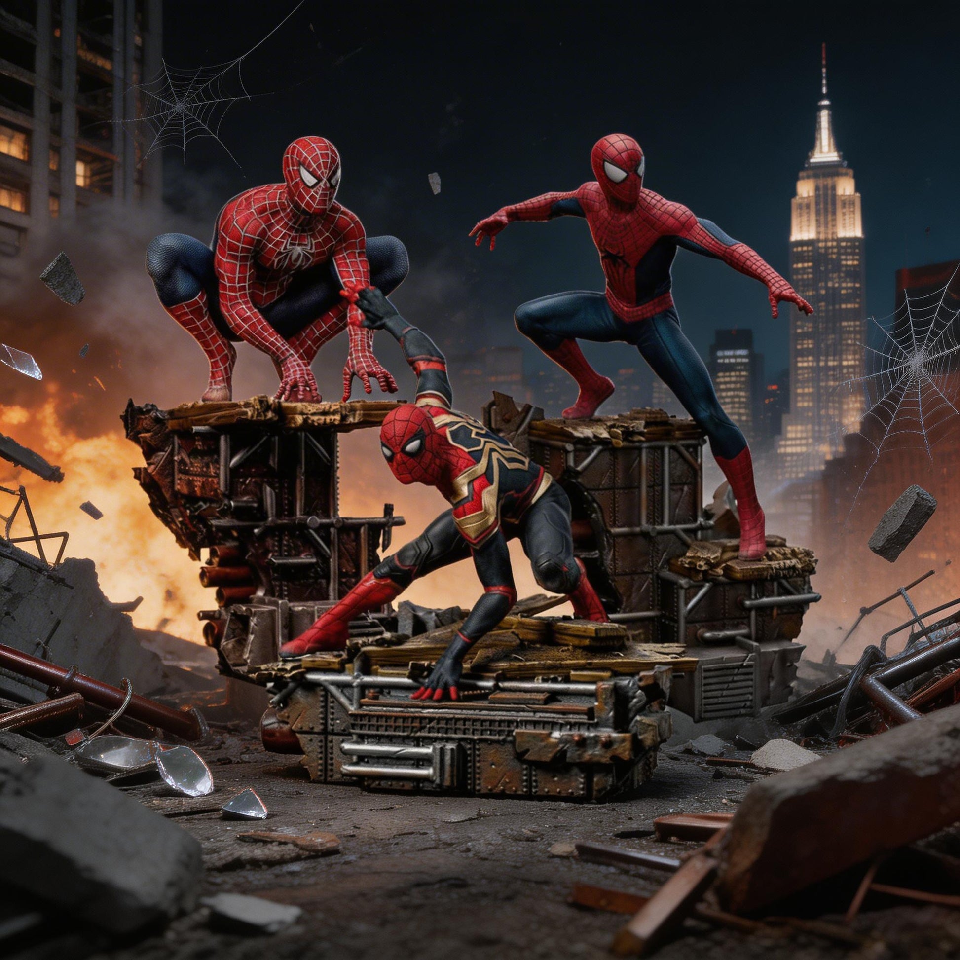 Three Spider-Man figures on a destroyed cityscape with the Empire State Building in the background.