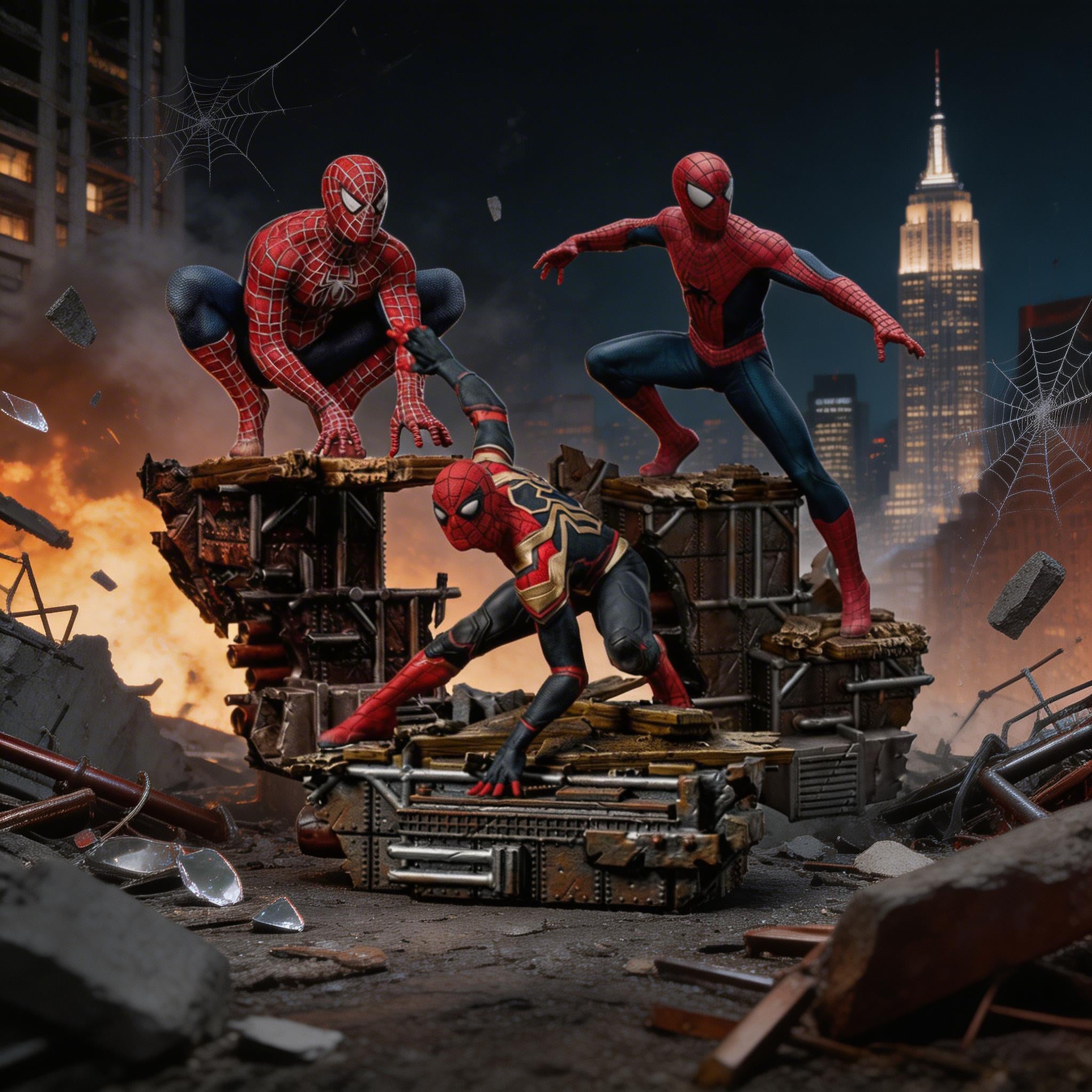Three Spider-Man figures on a destroyed cityscape with the Empire State Building in the background.