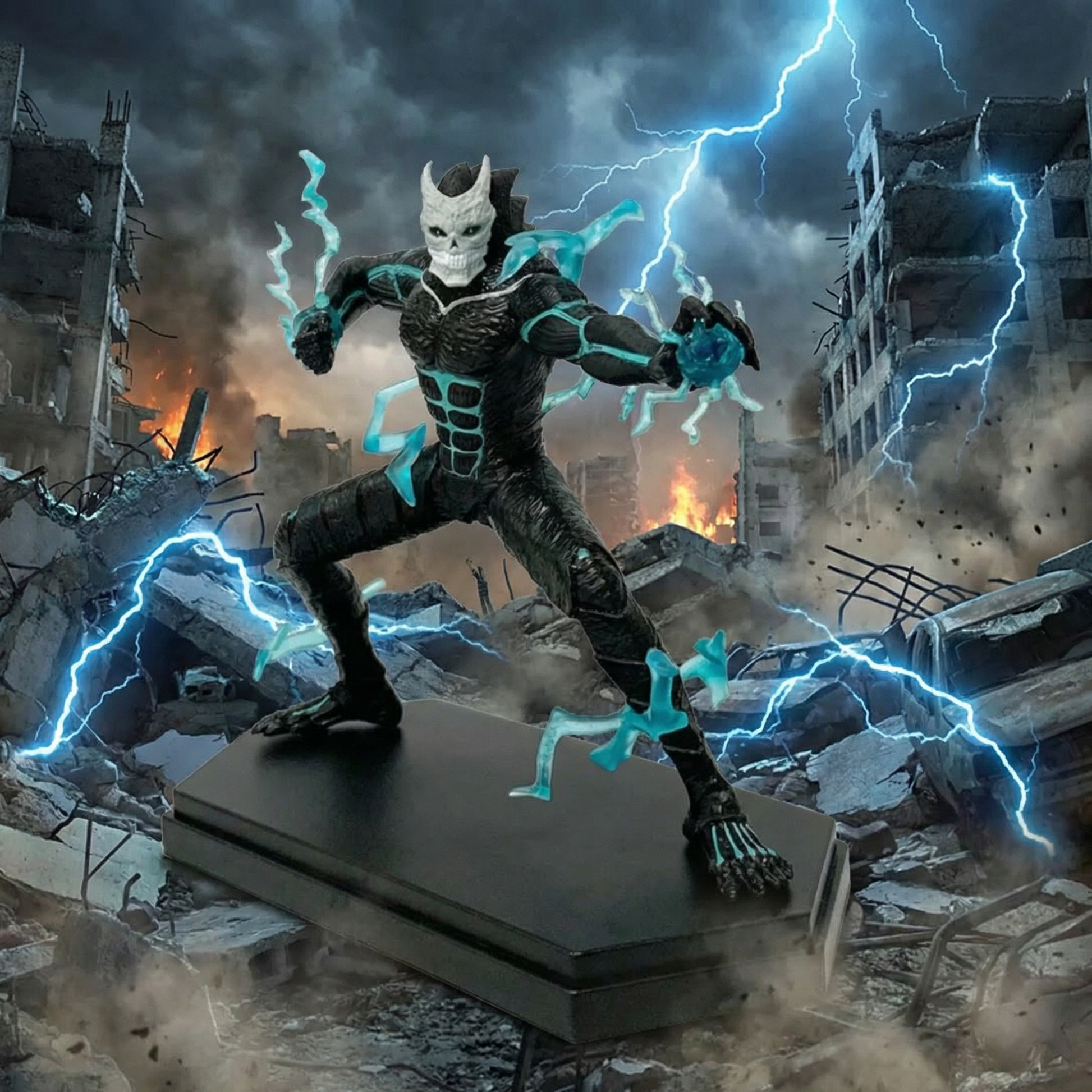 Statue of a superhero in a dynamic pose with lightning effects against a destroyed cityscape.
