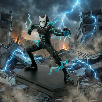 Statue of a superhero in a dynamic pose with lightning effects against a destroyed cityscape.